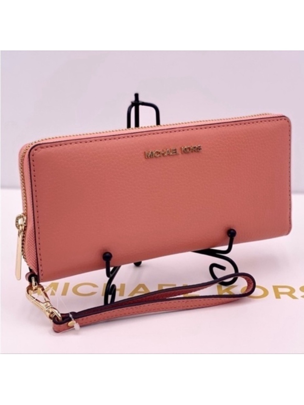 Michael Kors Salmon Pink Leather Zip Wallet Wristlet with Gold Hardware Sherbet